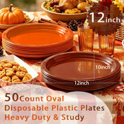 Bonsiny Oval Plastic Plates, 10x12 Inch, Orange and Brown, 50 Count