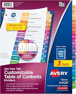 Avery Table of Contents Dividers, Jan-Dec Tab, Multicolor, 3 Sets