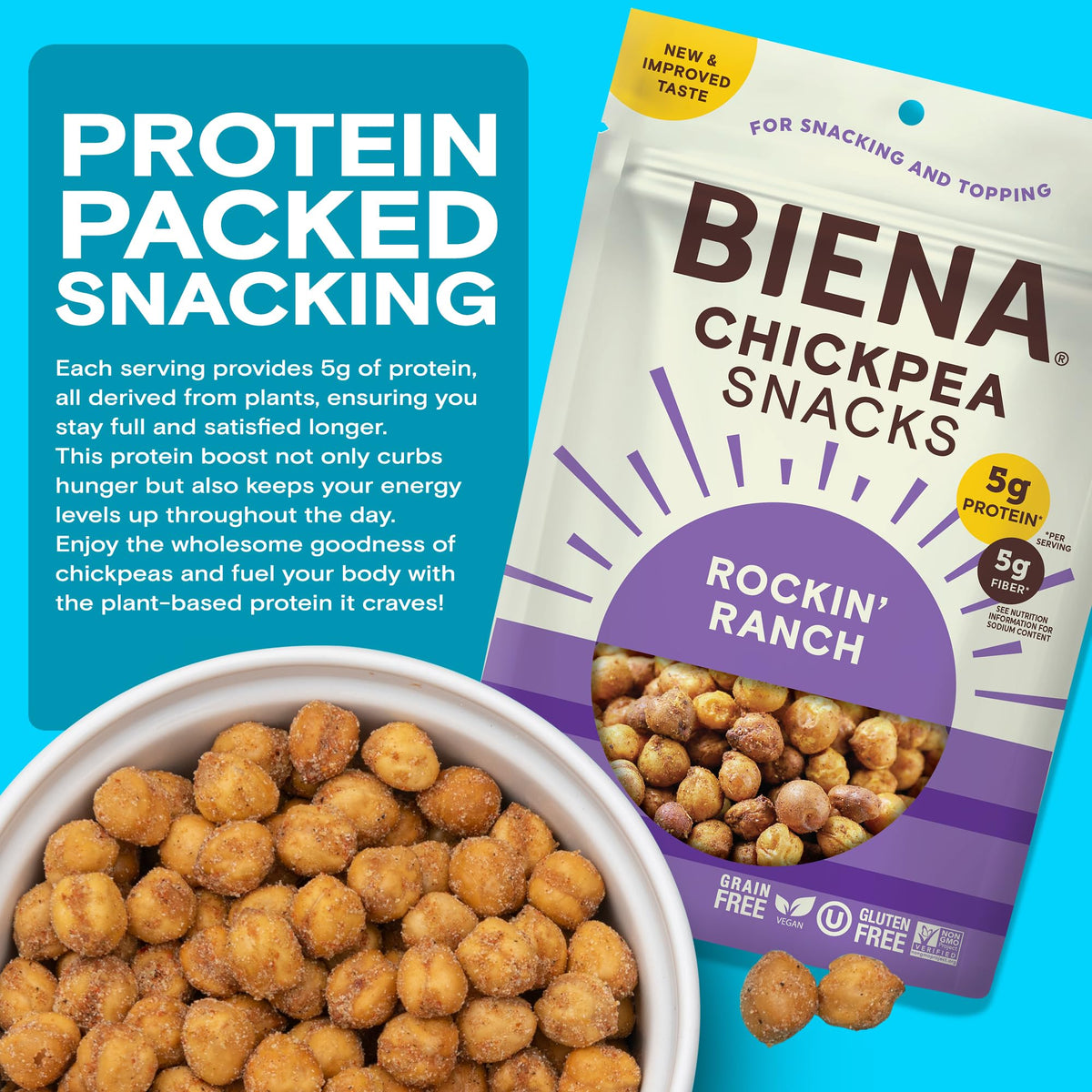 Chickpea Snacks - Crunchy Roasted Chickpeas - High Fiber Vegan Protein Snacks for Adults and Kids - 8-Pack by BIENA – 8 Pack, White, Pack of 8, Model ASINPPOSPRME37126
