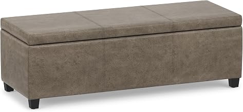 SIMPLIHOME Avalon 48" Wide Vegan Leather Storage Ottoman in Grey Brown