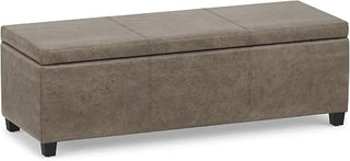 SIMPLIHOME Avalon 48" Wide Vegan Leather Storage Ottoman in Grey Brown