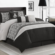 LANCO MODERN LIFESTYLE Black Silver King Comforter Set, Damask Jacquard with Matching Solid Piece Work, 7 Piece Soft Bedding Set for All Season, Bed Skirt, Pillow Shams and Decorative Pillows