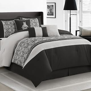 LANCO MODERN LIFESTYLE Black Silver King Comforter Set, Damask Jacquard with Matching Solid Piece Work, 7 Piece Soft Bedding Set for All Season, Bed Skirt, Pillow Shams and Decorative Pillows