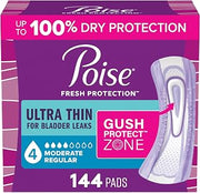 Poise Ultra Thin Incontinence Pads & Postpartum Pads for Bladder Leaks, 4 Drop Moderate Absorbency, Regular Length, 144 Count, Packaging May Vary
