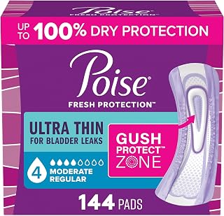 Poise Ultra Thin Incontinence Pads & Postpartum Pads for Bladder Leaks, 4 Drop Moderate Absorbency, Regular Length, 144 Count, Packaging May Vary