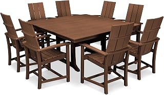 Polywood Modern Adirondack 9-Piece Farmhouse Dining Set, Teak - Outdoor Patio Furniture for 8 People, HDPE Lumber Construction, Sqaure Table with 8 Chairs