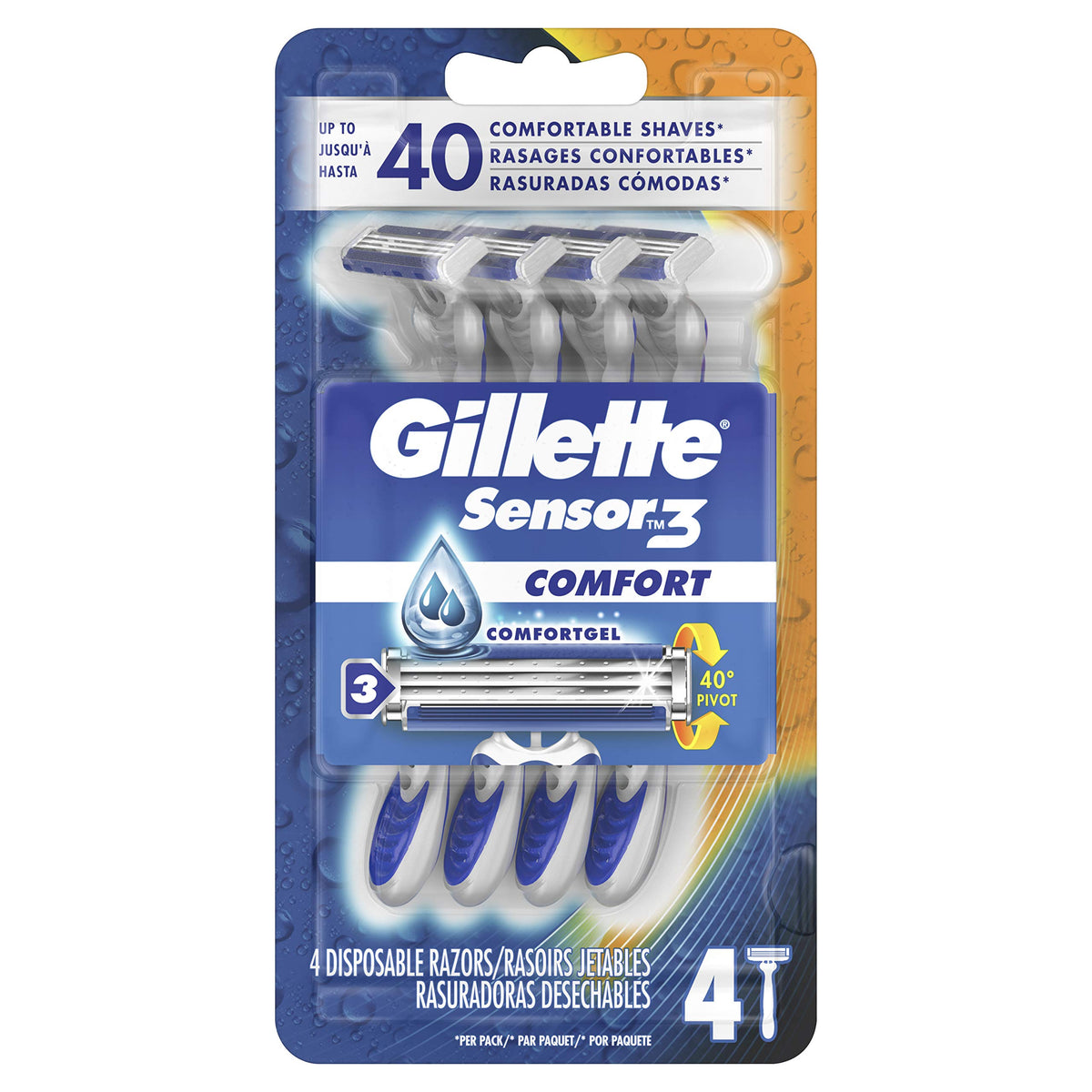 Sensor3 Men's Disposable Razor by Gillette – 4 Count (Pack of 1), Rubber, Silver