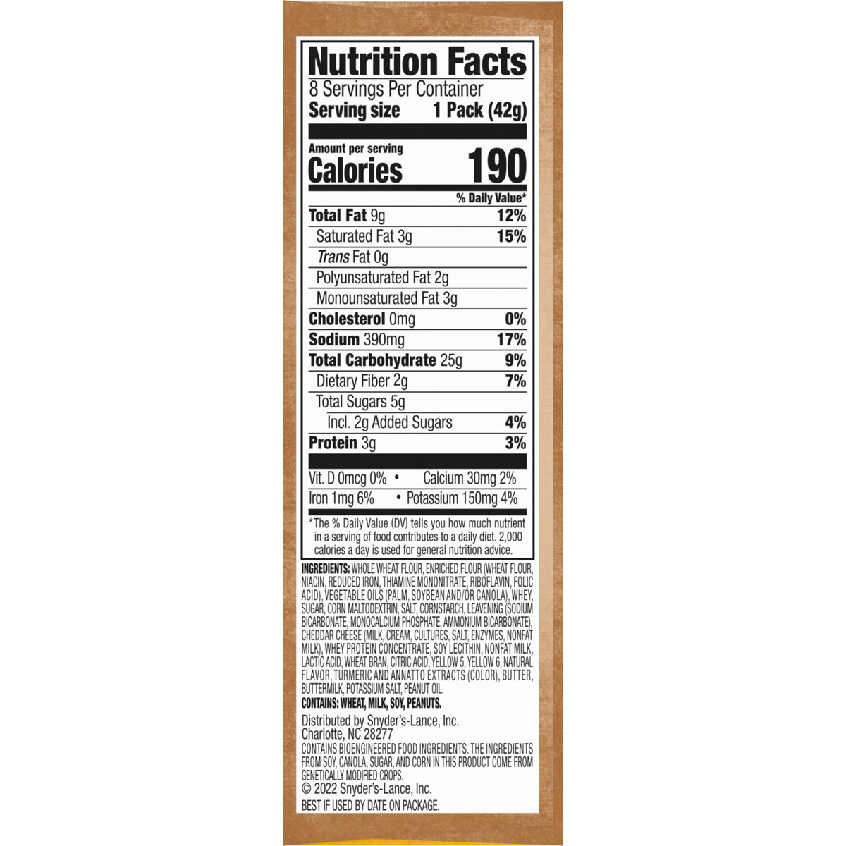 Made with Whole Grain Cheddar Cheese Sandwich Crackers by Lance – 1.5 Ounce (Pack of 8), Pack of 8