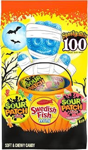 Sour Patch Kids Original, Watermelon & SWEDISH FISH Mini Halloween Candy Variety Pack, Bulk Candy, 100 Trick or Treat Bags