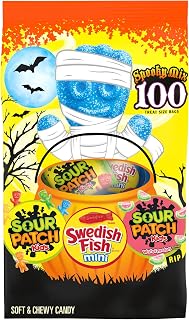 Sour Patch Kids Original, Watermelon & SWEDISH FISH Mini Halloween Candy Variety Pack, Bulk Candy, 100 Trick or Treat Bags