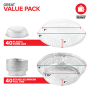 9" Round Aluminum Foil Pans with Lids (40 Pack) Pie Tins Disposable 9 Inch with Lid by Stock Your Home – 9 inches, Aluminum, Silver, Pack of 40, Model 2915