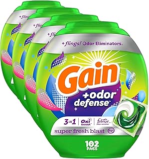 Gain Flings Laundry Detergent Pacs with Odor Defense, 102 Count, Super Fresh Blast Scent, HE 3in1 Detergent Pacs with Febreze and Oxi (Pack of 4)