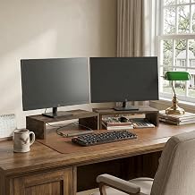 Furinno CLASSIC Monitor Stand Riser Set of 2, 15.7" Wide Dual Monitor Riser, Stackable Separable Laptop Stand for Desk, Desktop Organizers and Accessories, for Office Supplier, Amber Pine
