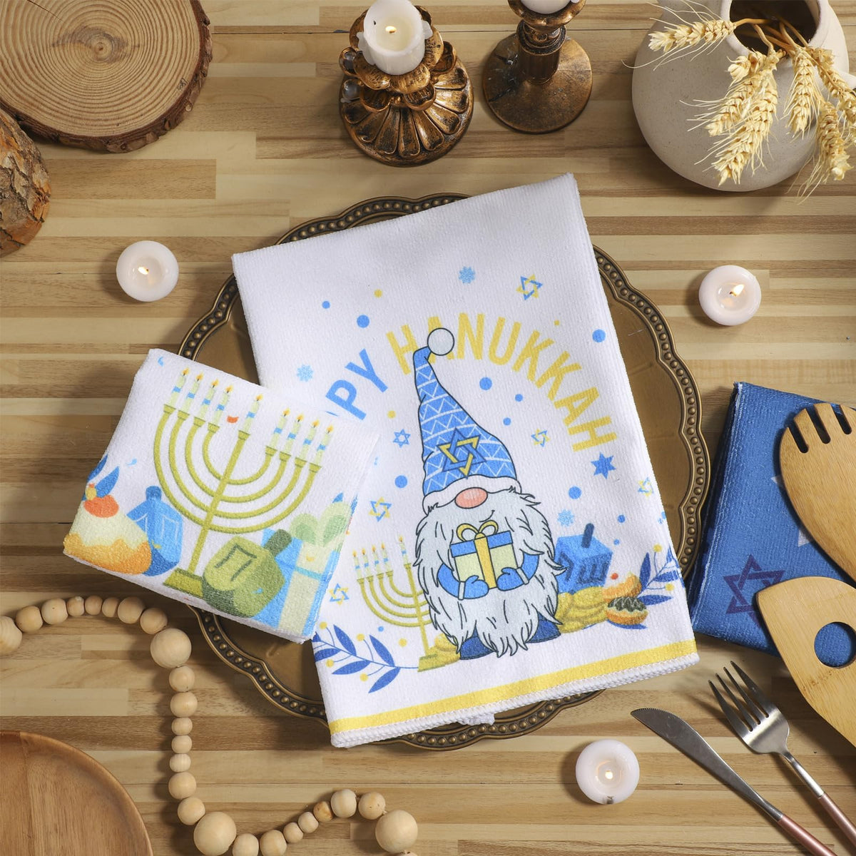 Oudain Hanukkah Kitchen Towels, 6 Pack, 16 x 24 Inches, Blue and Yellow