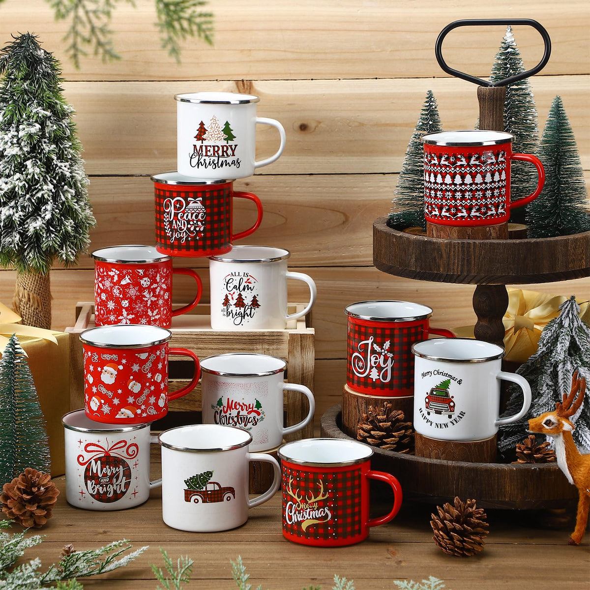Suttmin Enamel Holiday Mugs, 12 oz, Set of 12, Red and White