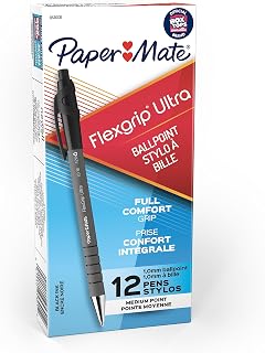 Paper Mate FlexGrip Ultra Retractable Ballpoint Pens, Medium Point (1.0mm), Black Ink, 12 Count - Writing, Journaling, Note-Taking, Office Supplies