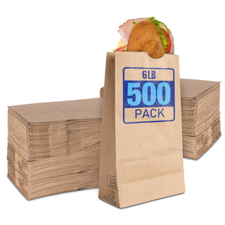 6 Lb Kraft Brown Paper Lunch Bags (500 Count) - Bulk Disposable Lunch Sacks by Stock Your Home – 6"W x 3 5/8"G 11 1/16"H, 6.0 pounds, Paper, Brown, Pack of 500