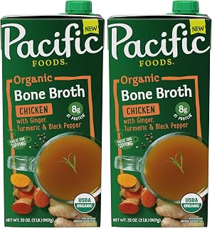 Pacific Foods Organic Chicken Bone Broth With Ginger, Turmeric, and Black Pepper, 32 oz Carton (Pack of 2)