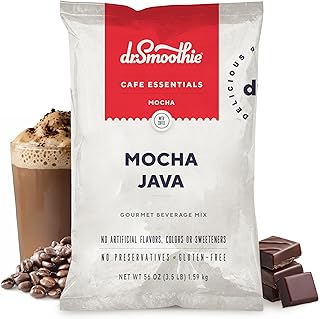 Dr. Smoothie Café Essentials Mocha Java Frappe Mix – No Artificial Colors, Flavors, or Sweeteners – Shelf Stable – 61mg of Caffeine per Serving – Great for Hot, Iced, & Frozen Frappes (3.5 lb Bag, 30 Servings)