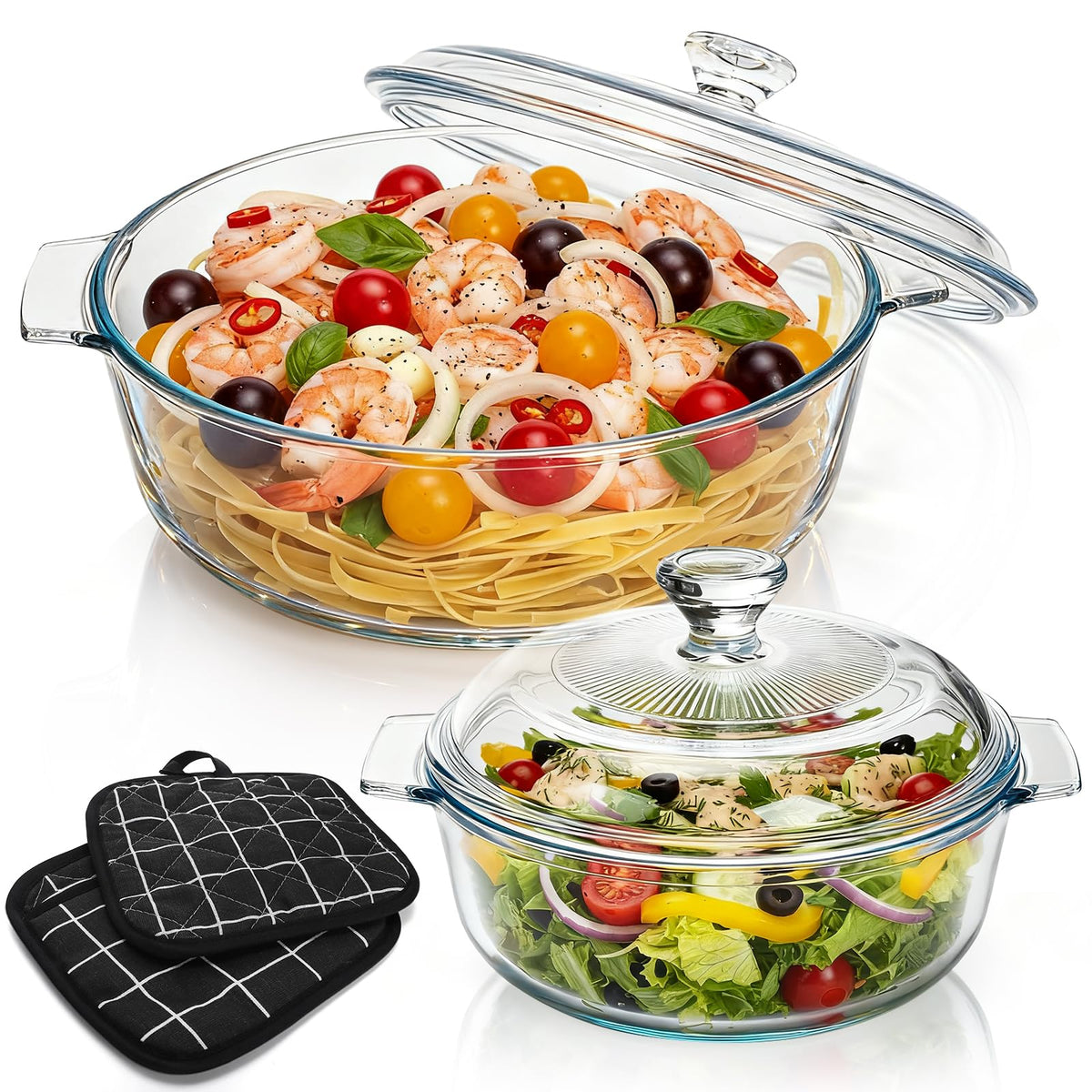 Elfully Round Glass Casserole Set, 1.8 and 0.8 Quart Capacities, Clear with Lids
