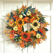 Plmiera Autumn Wreath, 24 Inch Diameter, Sunflowers and Pumpkins