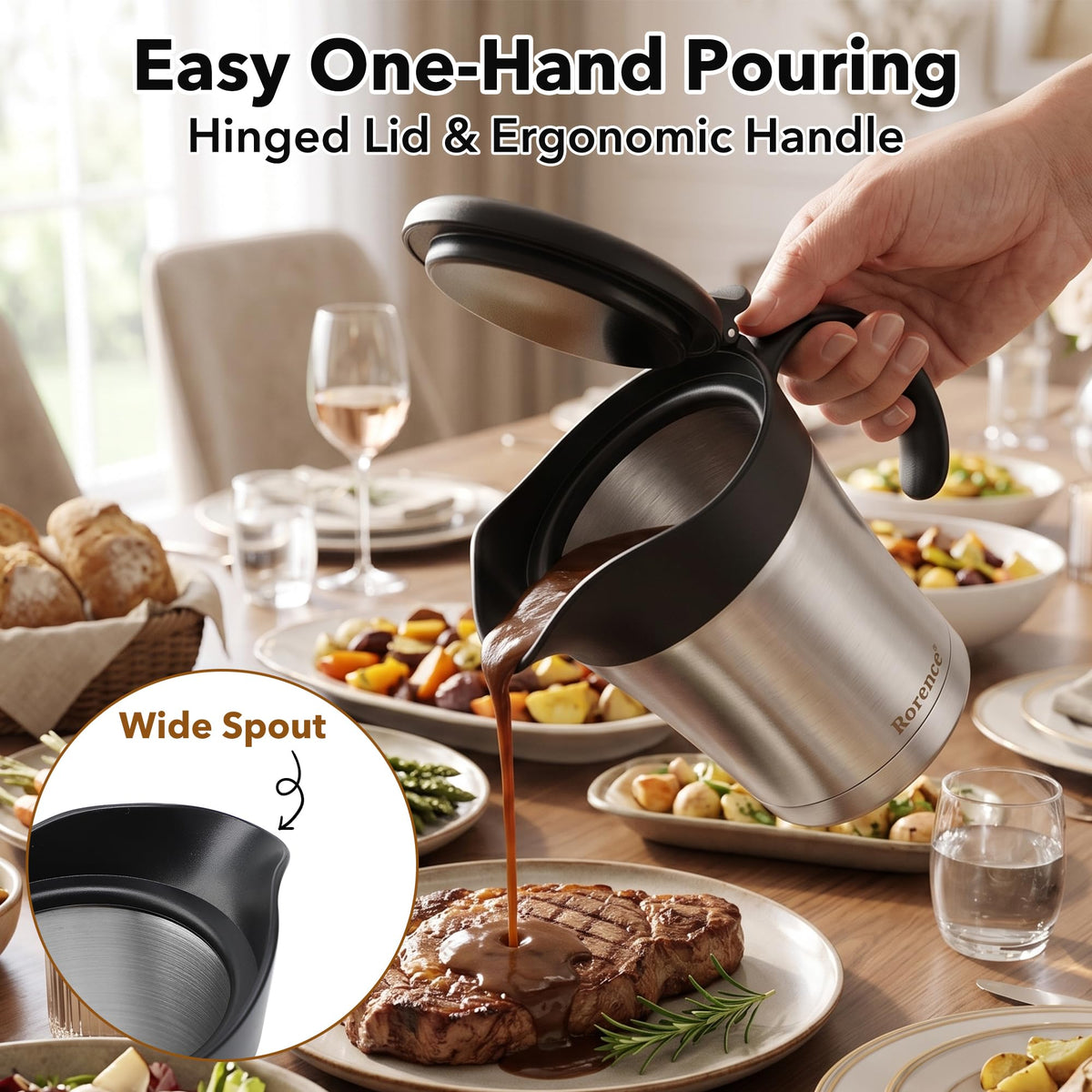 Rorence Gravy Boat Jug, 16 Ounce Insulated, Stainless Steel