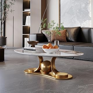 51" Scratch Resistant Coffee Table, Round Coffee Table with sintered Stone top, Mesa De Centro para Sala with Metal Pedestal for Modern Indoor Areas, Gold
