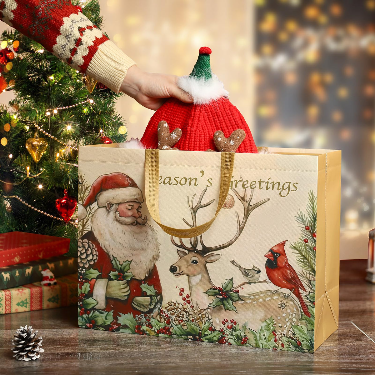 STYPOP Christmas Gift Bags, Extra Large 17 Inch Totes, Set of 12 in Red Green Brown White