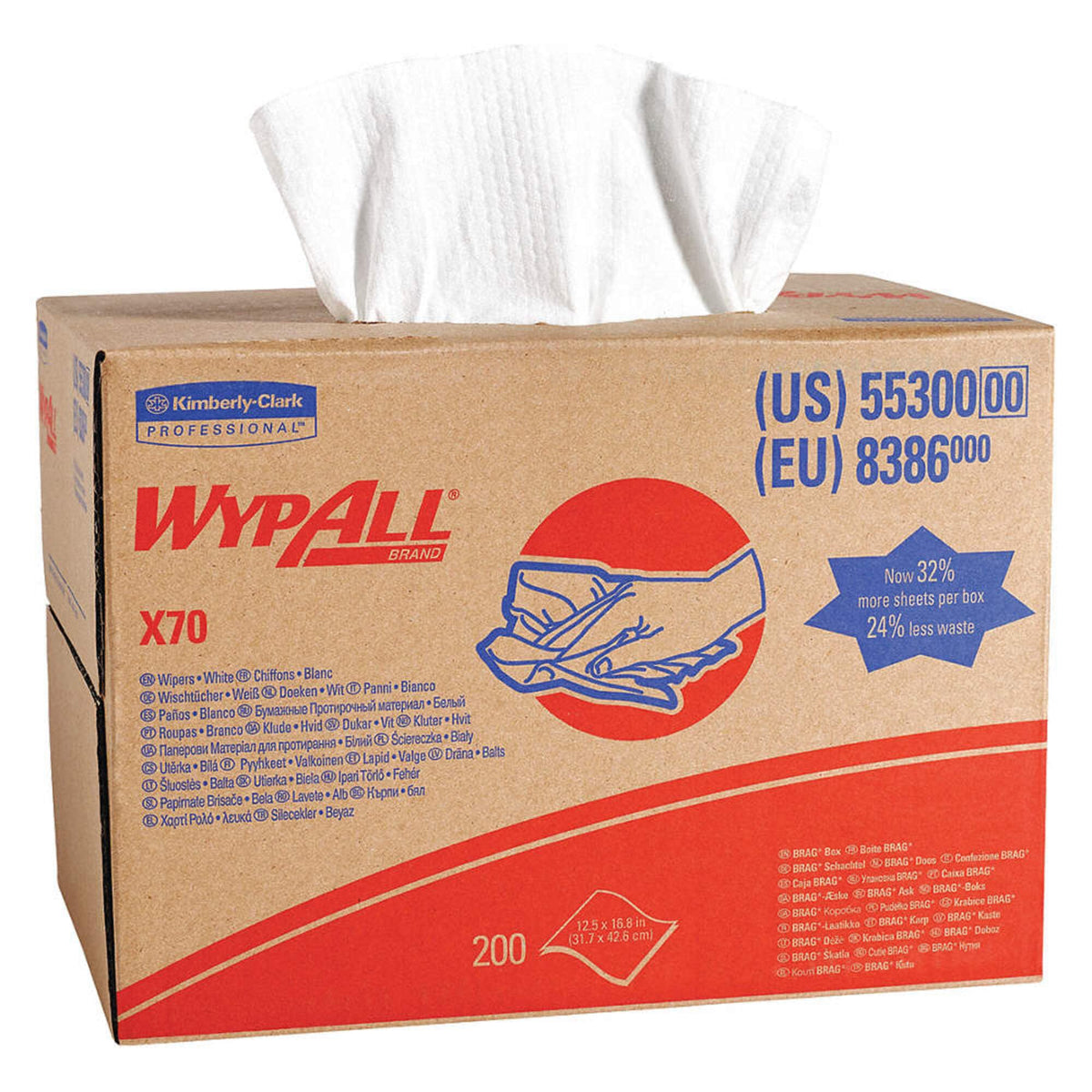 Kimberly-Clark 55300 Wypall X70 Cloth, 12.5" Width, 16.8" Length, White, Pack of 200