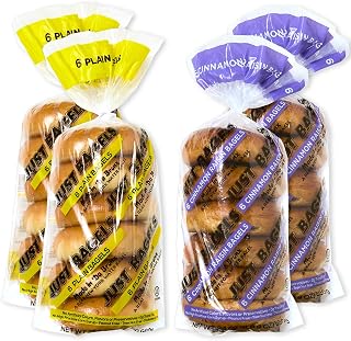 Just Bagels Mixed Bundle - 2 Bags of Plain & 2 Bags of Cinnamon Raisin - 24 Total Bagels Non-GMO