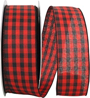 Reliant Ribbon Hilltop Cabin Buffalo Check Value Wired Edge Ribbon, 2-1/2 Inch X 50 Yards, Black/red