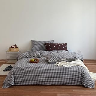 Black Gingham Duvet Cover Set King Linen-Like Washed Cotton Bedding
