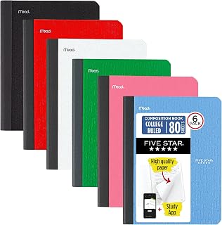 Five Star Composition Books + Study App, 6 Pack, College Ruled Paper, 9-3/4" x 7-1/2", 80 Sheets, Black, Red, Green, Blue, Purple, White (850065A-ECM)