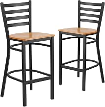 2 Pack HERCULES Series Black Ladder Back Metal Restaurant Barstool - Natural Wood Seat by Flash Furniture – Set of 2, Steel, Plywood, Model 2-XU-DG697BLAD-BAR-NATW-GG
