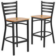 2 Pack HERCULES Series Black Ladder Back Metal Restaurant Barstool - Natural Wood Seat by Flash Furniture – Set of 2, Steel, Plywood, Model 2-XU-DG697BLAD-BAR-NATW-GG