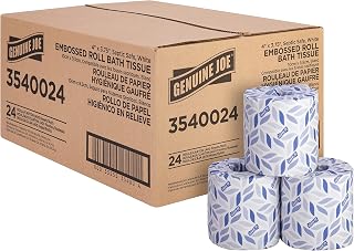 Genuine Joe Embossed Bath Tissue, 2-Ply, Septic Safe, Individually Wrapped, 4" x 3.75", 400 Sheets/Roll, 24 Count