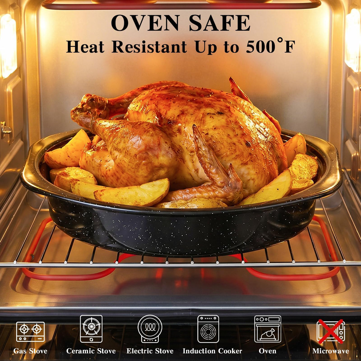 Vankutl Roasting Pan with Rack and Lid, 13 Inch Carbon Steel, Black