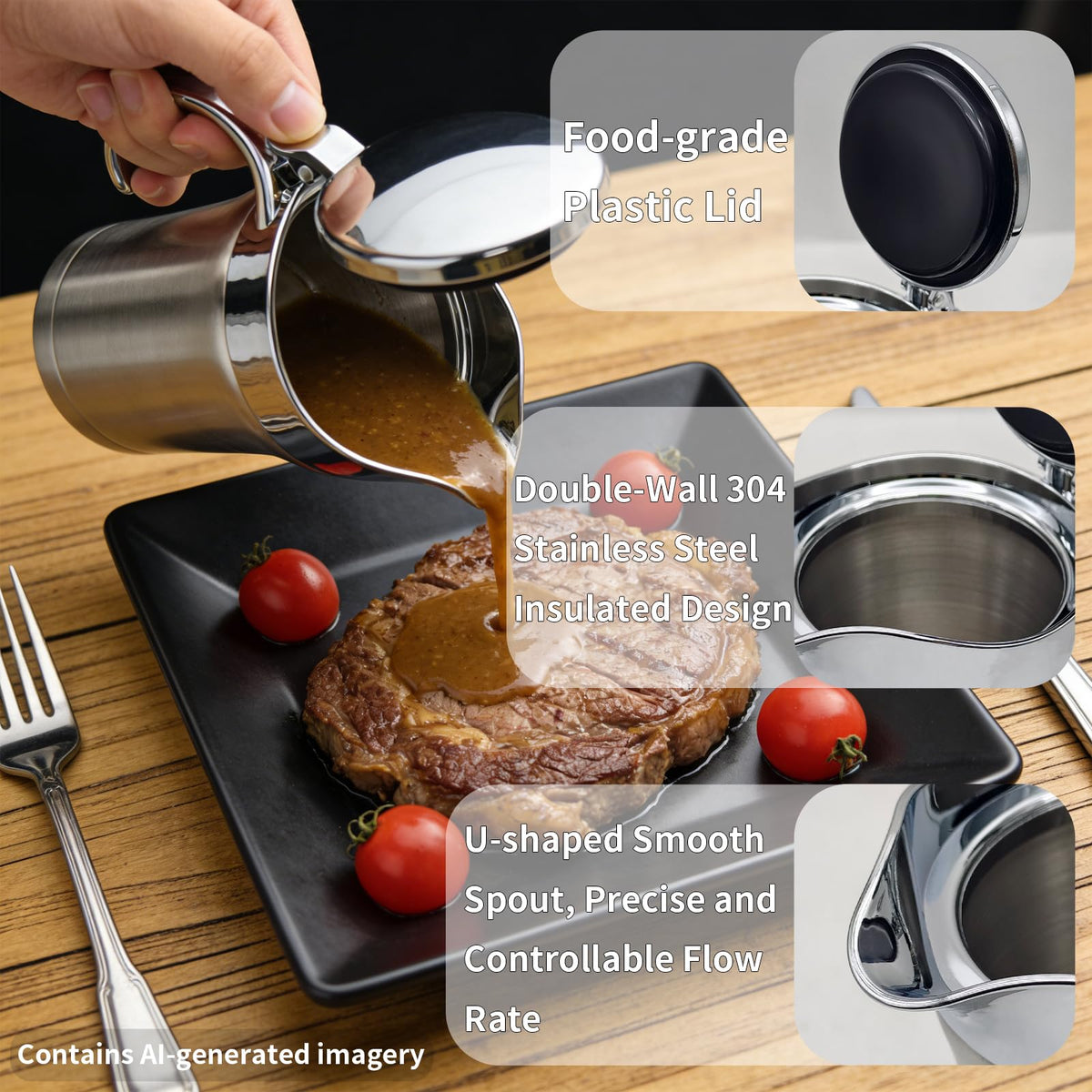 Amestar Stainless Steel Gravy Boat with Lid, 25 Oz, Silver