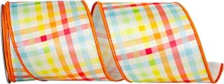Reliant Ribbon Pastel Check Multicolor Deluxe Wired Edge, Tangerine, 4 Inch, 10 Yards