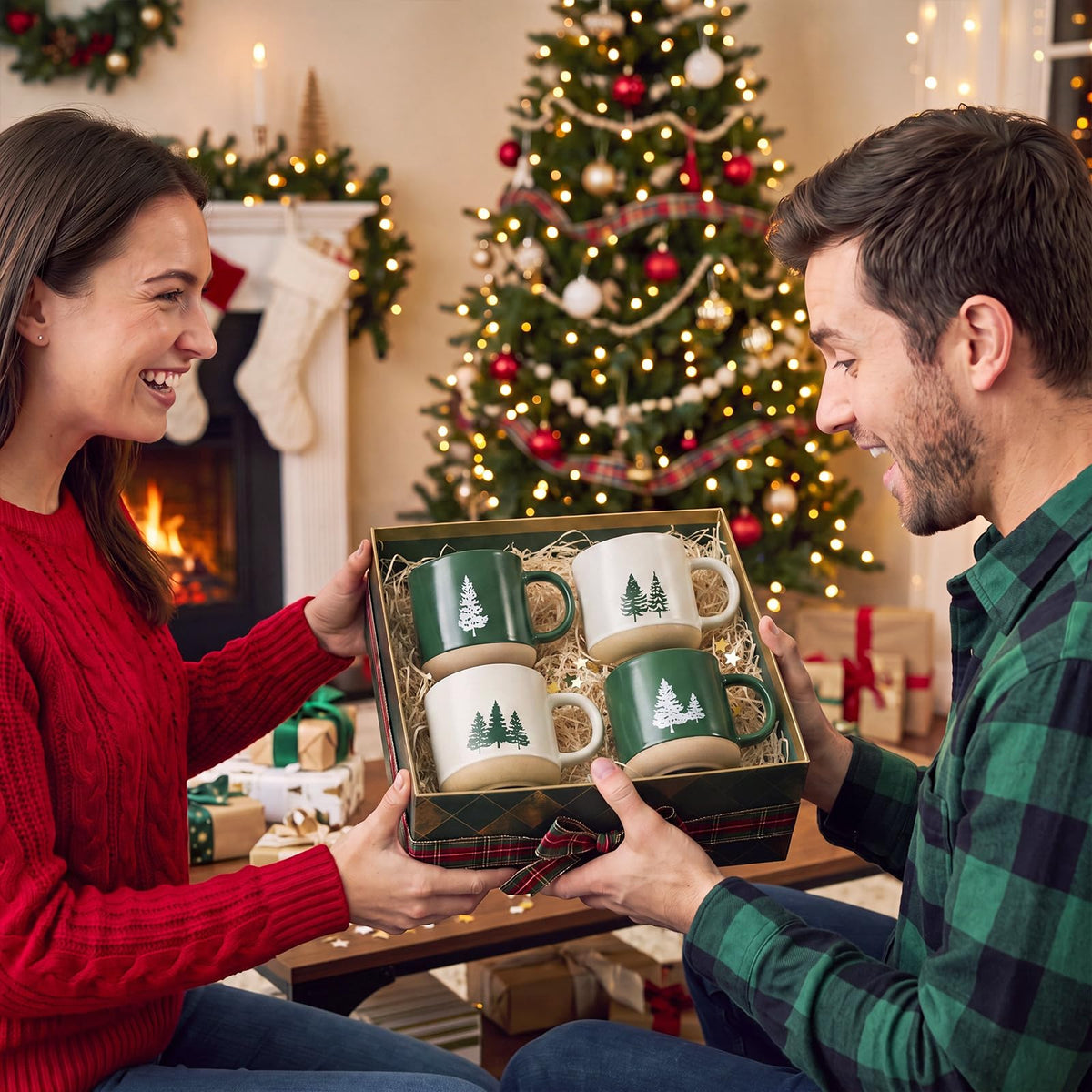 Bokon Christmas Tree Coffee Mugs, 16 oz Ceramic Cups, Set of 4