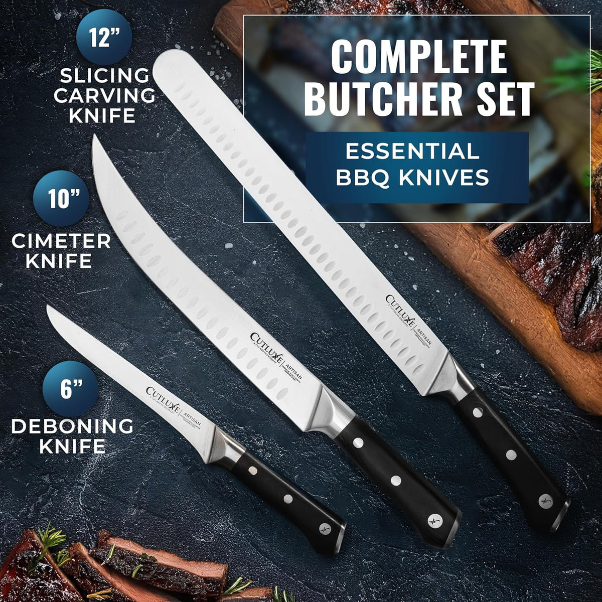 Cutluxe Butcher Knife Set, 12-Inch Brisket, 10-Inch Cimeter, 6-Inch Boning, Gray