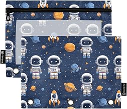 Yellow Cartoon Spaceman Pencil Pouch for 3 Ring Binder Pencil Bag with Zipper 2 Pack Pencil Case Waterproof with Clear Window for School Office Supplies