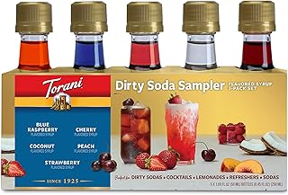 Torani Dirty Soda Sampler 5-Pack, Mini Syrups Gift Set – Coconut, Strawberry, Blue Raspberry, Peach, and Cherry, 1.7 Oz Ea