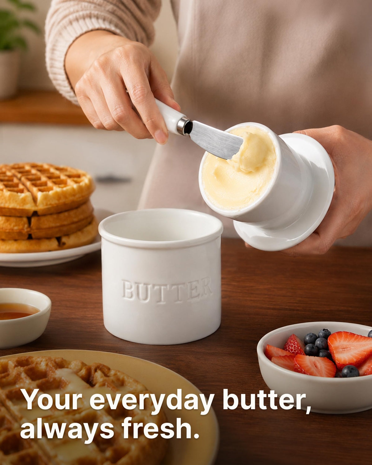 Zulay Kitchen Ceramic Butter Keeper, Bell Shape with Knife, White