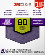 3M Pro Grade Precision Faster Sanding Sheets, 80 Grit, 11 x 9 in (20 Pack)