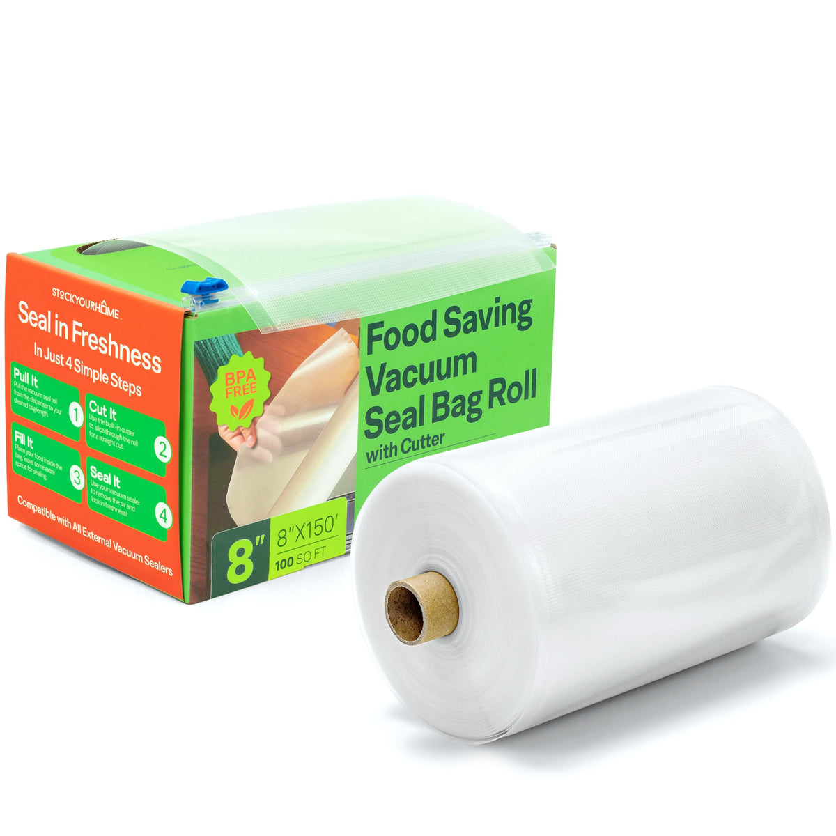 8 x 150 ft Vacuum Seal Bag Rolls in Dispenser Box by Stock Your Home – 8 x 150 Inch, Polyethylene (PE)