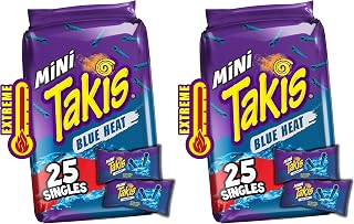 Takis Blue Heat Mini 25 pc / 1.23 oz Bite Size Multipack, Hot Chili Pepper Flavored Extreme Spicy Rolled Tortilla Chips (Pack of 2)