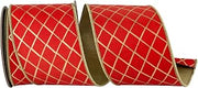 Reliant Ribbon Diamond Stripes Deluxe Wired Edge, Red/Gold, 4 Inch, 10 Yards