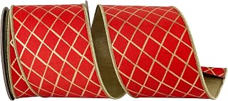Reliant Ribbon Diamond Stripes Deluxe Wired Edge, Red/Gold, 4 Inch, 10 Yards