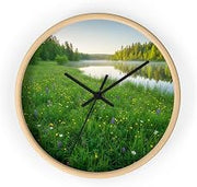 Premium Wall Clock - Lakeside Meadow Glowing Green with Scattered Wildflowers - 10in